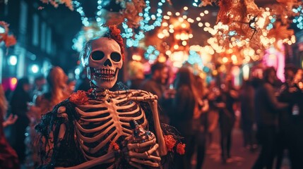 A lively Halloween-themed pub crawl with friends dressed in creative costumes, enjoying festive drinks.