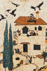 Obraz premium A decorative scene featuring a couple on a balcony of a house surrounded by nature and birds.