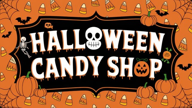 Halloween candy shop with festive decorations and spooky elements.
