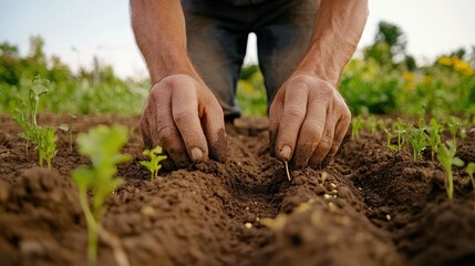 Hands Planting Seedlings in Fertile Garden Soil