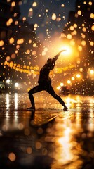 Dancing in the rain, playful and dynamic, Urban, Cool tones, Photograph, Joyful moment