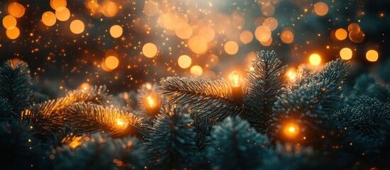 Naklejka premium Close-up of a Christmas tree with warm, glowing lights and a bok