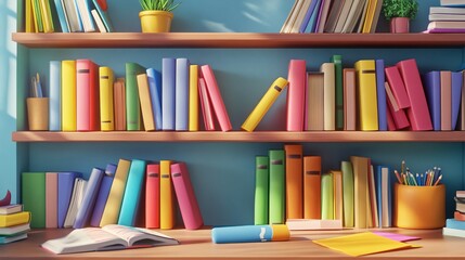Fototapeta premium 3D Colorful Textbooks and Journals on a Bright Bookshelf