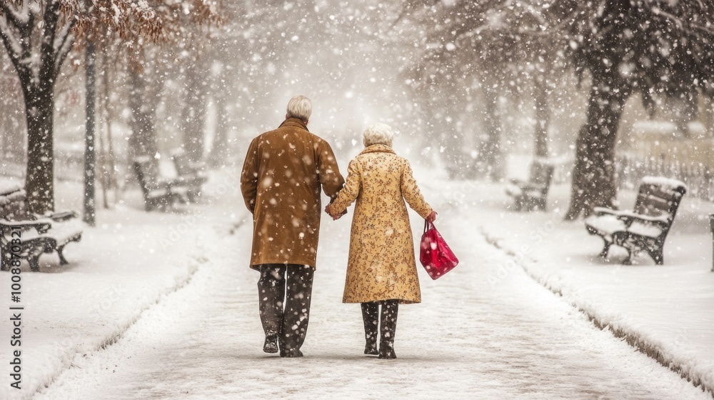 Poster A couple walks hand-in-hand through a snowy park, evoking warmth and companionship.