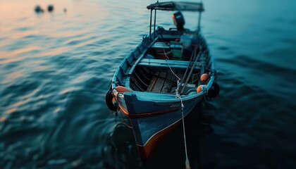 Fishing boat on a calm sea, serene and industrious, Coastal, Cool tones, Photograph, Maritime life