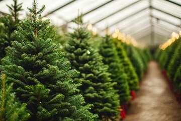 Row of fresh Christmas trees in a greenhouse.