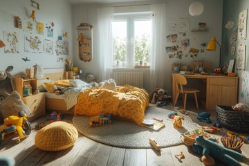 Habitación infantil real con juguetes esparcidos por el suelo y una cama deshecha. La luz natural ilumina el espacio, creando un ambiente cálido a pesar del desorden.