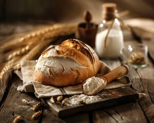 Fresh bread on a rustic table, warm and inviting, Culinary, Soft tones, Photograph, Homemade delight