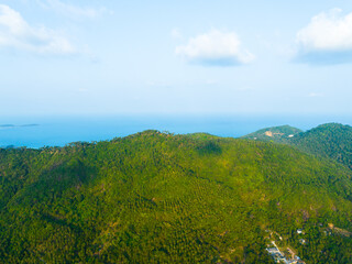 Obraz premium Aerial view of lush green hilltops with ocean in the distance on a clear day, capturing the serene beauty of nature
