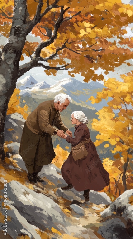 Poster An elderly couple supports each other while walking through a vibrant autumn landscape.