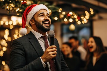 Man in Santa hat at Christmas party holding microphone