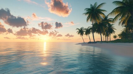 A stunning view of a tropical beach resort at sunset, with palm trees and infinity pools overlooking the ocean, creating a perfect vacation scene. 
