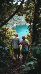 Obraz premium A couple walking hand-in-hand through a lush forest towards a serene lake.