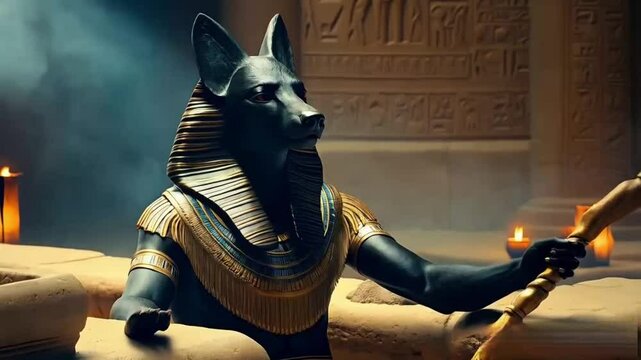 Anubis, God of the Underworld, holding the scales of judgment, surrounded by ancient hieroglyphs and torch-lit chambers