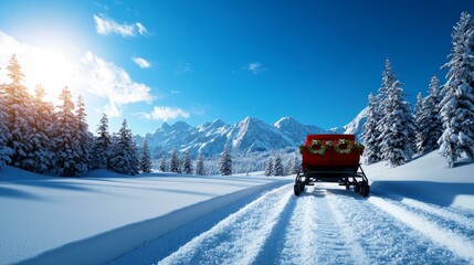 Santa sleigh riding through snowy mountains, clear sky, winter wonderland.