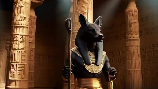 Anubis, God of the Underworld, holding the scales of judgment, surrounded by ancient hieroglyphs and torch-lit chambers