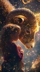 A girl is hugging a ram