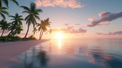A stunning view of a tropical beach resort at sunset, with palm trees and infinity pools overlooking the ocean, creating a perfect vacation scene. 