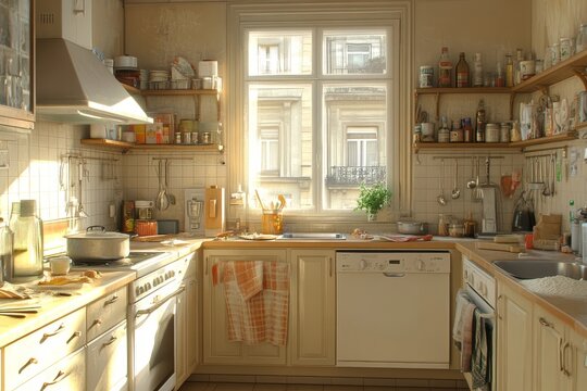 Cocina real ligeramente desordenada, iluminada por la luz de la ma&ntilde;ana. Los estantes abiertos est&aacute;n llenos de utensilios y botellas, lo que a&ntilde;ade un toque de calidez y realidad al espacio.