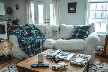 Sala de estar real con un sofá blanco cubierto por una manta y cojines a cuadros. La mesa de centro está algo desordenada con revistas, libros y una taza de café.