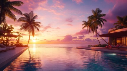 A stunning view of a tropical beach resort at sunset, with palm trees and infinity pools overlooking the ocean, creating a perfect vacation scene. 