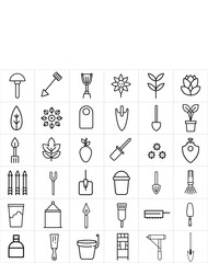 Black and white garden tools line icon agriculture tools