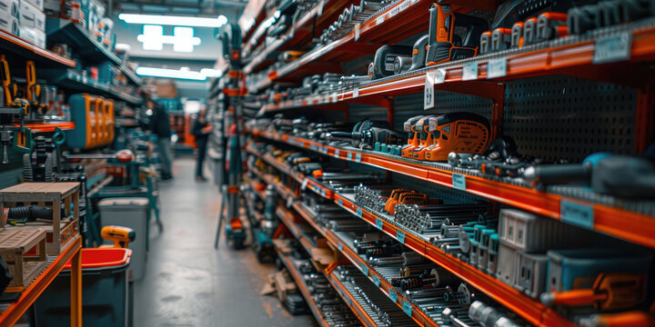 Hardware store aisle featuring a wide variety of cordless power tools for construction and renovation