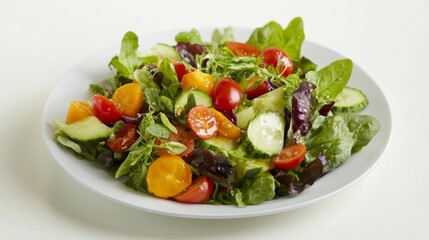 A vibrant plate of organic salad made with fresh greens, colorful vegetables, and a light vinaigrette, appealing to health-conscious consumers.