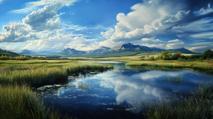 Serene Mountain Lake with Lush Grass and Reflected Clouds