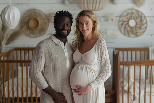 Diverse couple in a cozy nursery, excitedly awaiting their new baby, radiating love and support in a warm, modern room filled with natural light and neutral colors