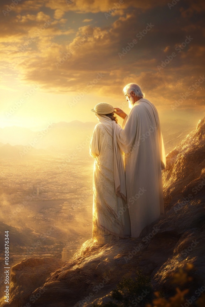 Poster A serene scene of two figures overlooking a landscape at sunset, evoking a sense of peace.