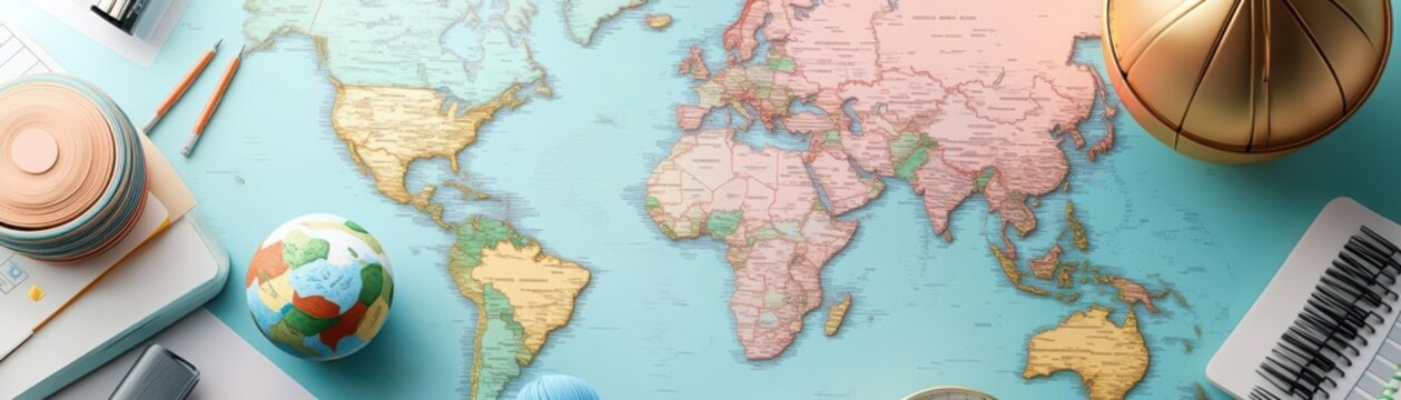 A colorful world map laid out with travel essentials, showcasing geography and exploration concepts perfect for educational use.