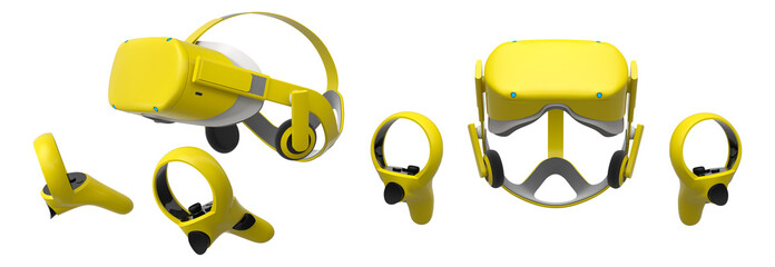 Virtual reality glasses and headset with controllers isolated on white background with clipping...