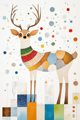 Hirsch mit Schal und Strickpullover mit bunten Schneeflocken – Weihnachtliche Aquarellkunst