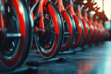 Fototapeta premium Close-up of Modern Stationary Bikes in a Gym
