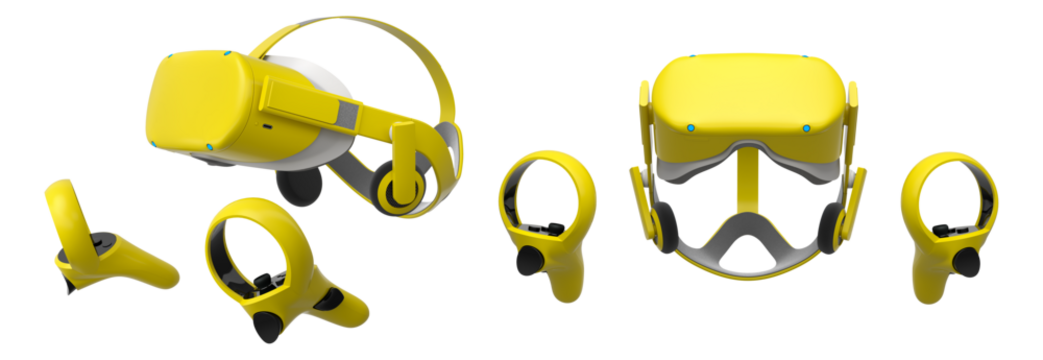 Virtual reality glasses and headset with controllers isolated on white background with clipping path. 3D render of design that enhances immersive gaming experiences for users