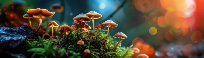 Mushroom garden with diverse fungi, vibrant and lush, Botanical, Soft greens, Photograph, Natural beauty