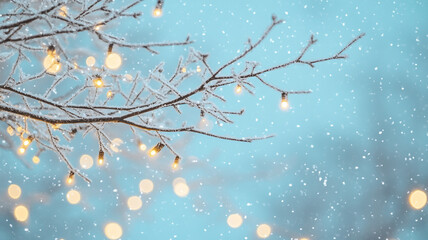 Snowy winter evening with twinkling lights on frosted branches