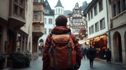 Fototapeta premium A young traveler with a backpack standing in front of an iconic world-famous landmark, taking photos and representing the freedom and excitement of travel