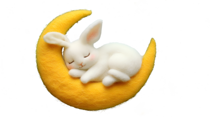 cute little white rabbit is sleeping on a yellow crescent moon. The background is a blue starry sky