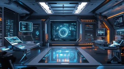 Futuristic Spaceship Command Center with Holographic Displays and Control Panels