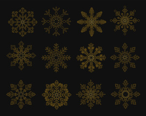 Various shapes and ornaments Gold Snowflakes icon set template. Background for home decor, Christmas market, banner, cover, greeting card, web banner, business card. Vector.