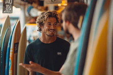 Man choosing surfboard in colorful shop, filled with promise of thrilling adventures.