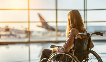 A girl in a wheelchair is waiting for her flight at the airport.