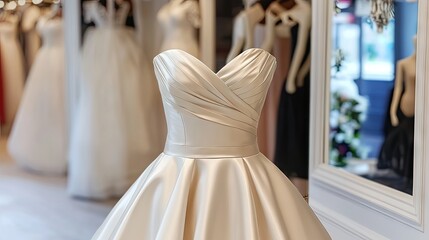 Naklejka premium A luxurious satin wedding dress with a fitted bodice, displayed in a high-end store, highlighting the elegance of wedding fashion.