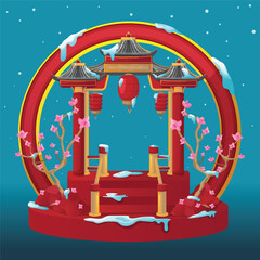 Chinese Gate Buildings Architectural Snow Vector