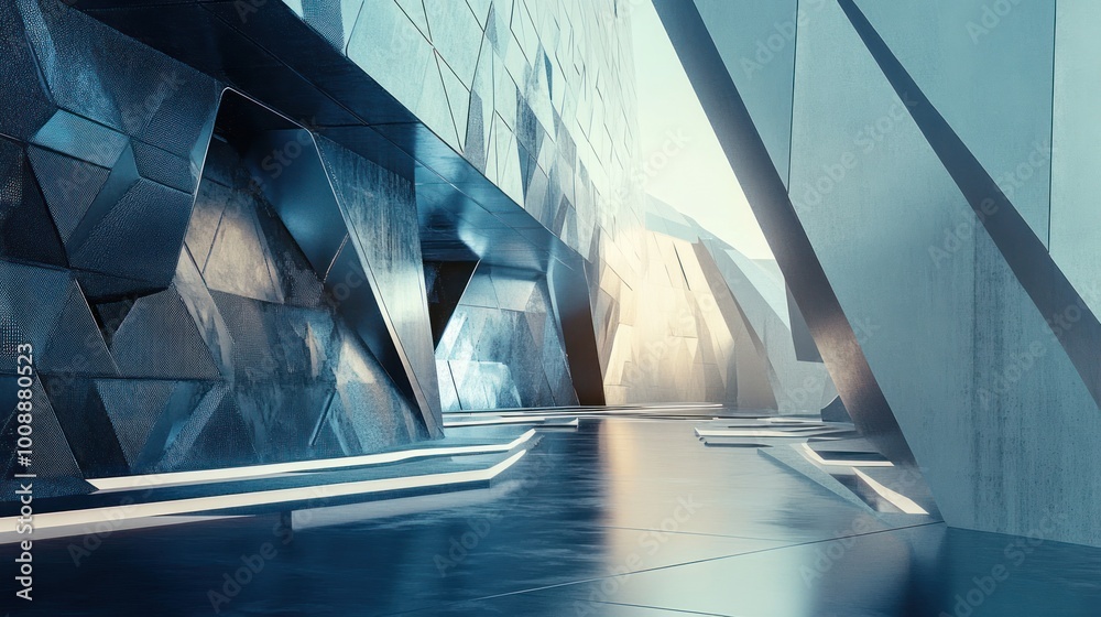 Poster futuristic architectural design with geometric shapes and reflective surfaces