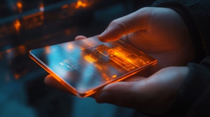 Close-up of hands holding a smartphone with a transparent, holographic interface, representing advanced technology and digital innovation. 