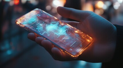 Close-up of hands holding a smartphone with a transparent, holographic interface, representing advanced technology and digital innovation. 