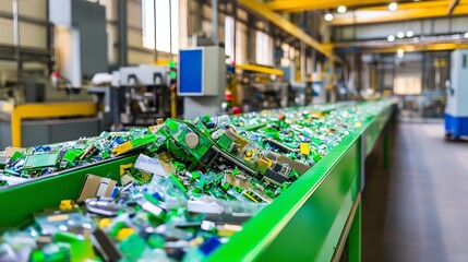 Obraz premium Close-up of an industrial recycling center with conveyor belts filled with e-waste and electronic components for processing.